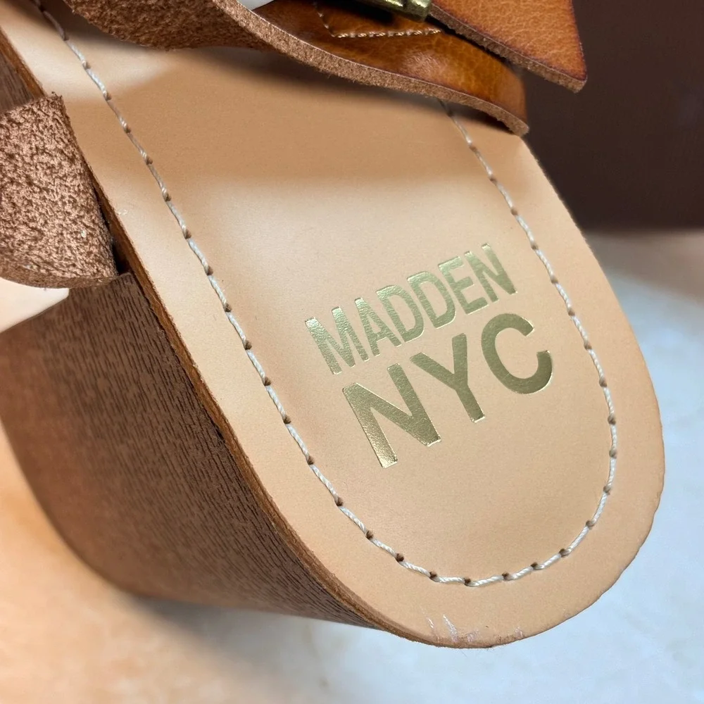 Madden NYC Lifft‎ Platform Block Heel Sandals Tan Leather Buckle Ankle Strap 9